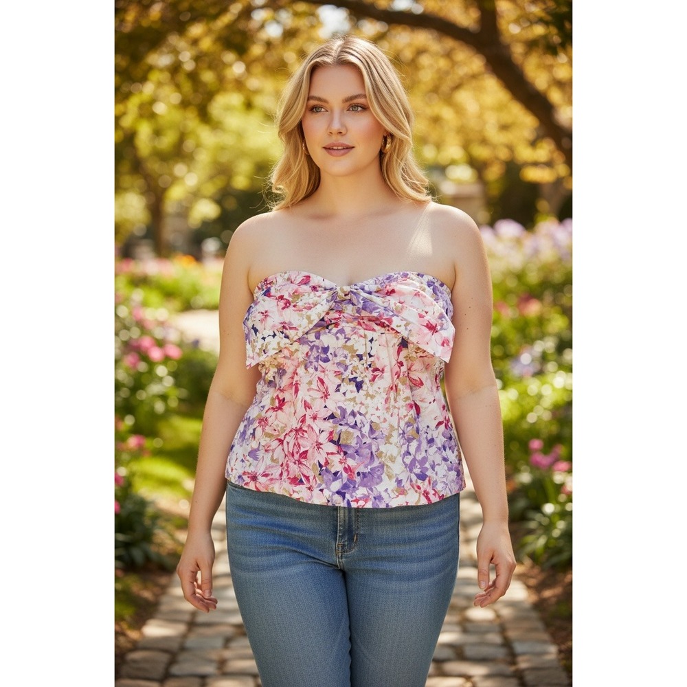 Express Women's M Floral Strapless Bow Front Smocked Back Tube Top Pink Purple